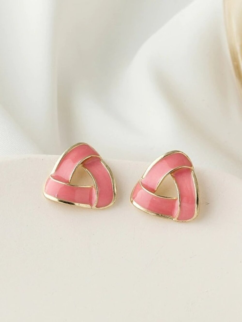 Aspen Drip Spun Enamel Open Triangle Earring in Sweet Pink and Gold Gift Boxed